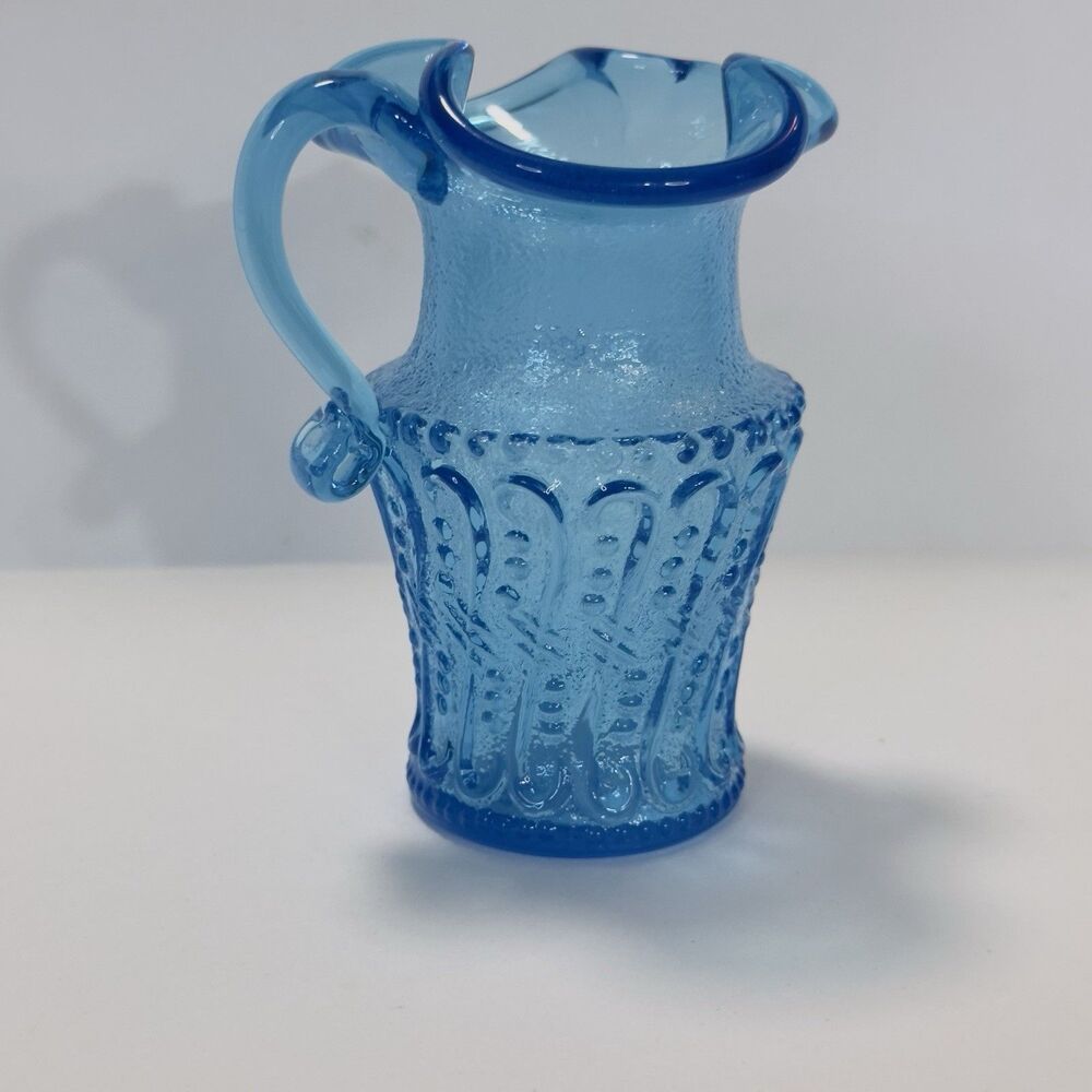 Pitcher Jug Kanawha Ice Colonial Blue Glass Mini UV Raised Loop Swirl Dots Wavy